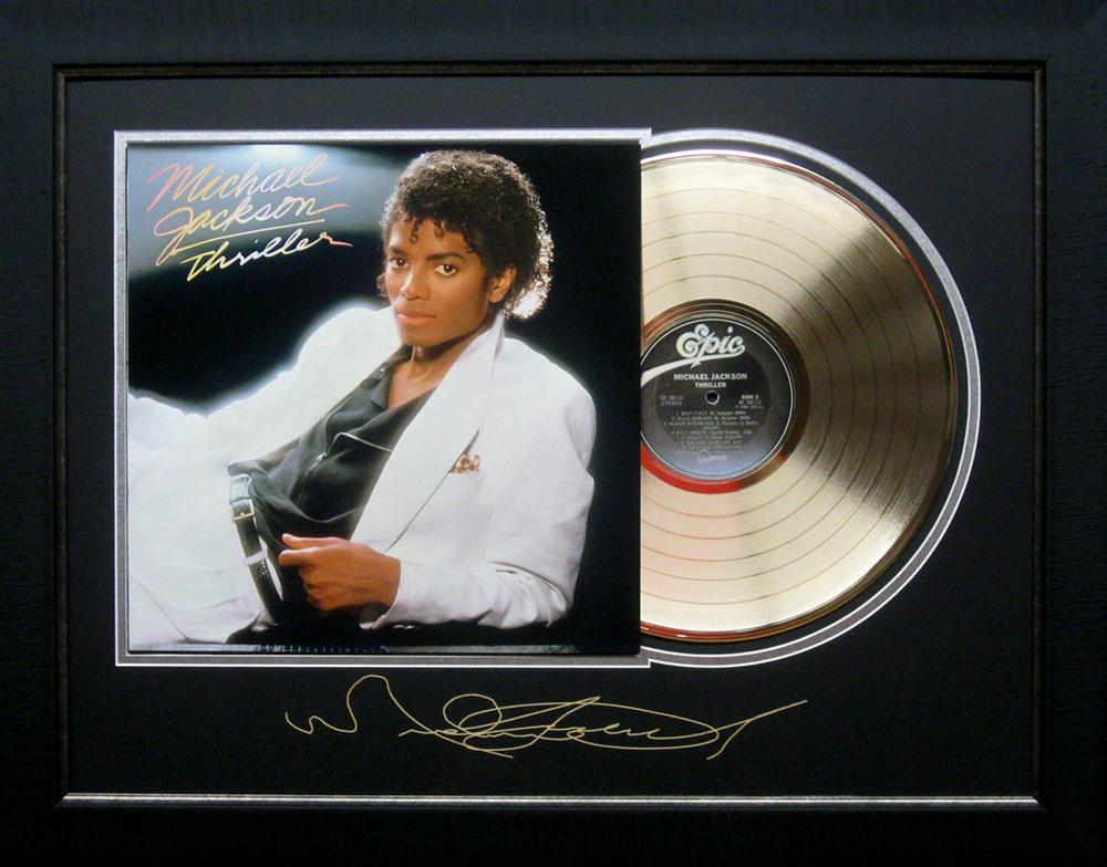 *Rare Michael Jackson Thriller Album Cover and Gold: Gov. File: M-23377 *Rare Michael Jackson Thriller Album Cover and Gold Record Museum Framed Collage - Plate Signed Asset Type: Collectable Shipping: $39.95. Item may be pick up only, or require additi