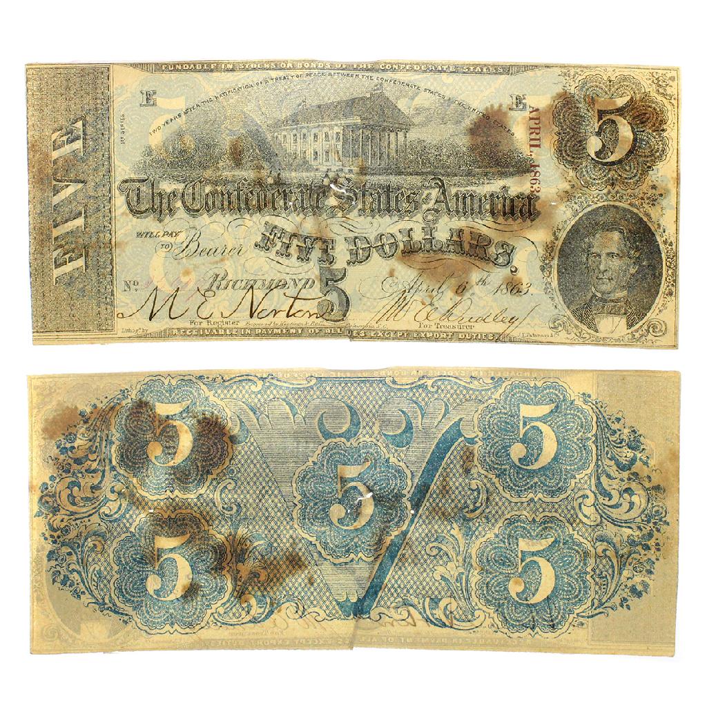 Rare 1863 US Confederate $5 Note Great Investment: Gov. File: C-79420 Rare 1863 US Confederate $5 Note Great Investment Asset Type: Coin Shipping: $9.95