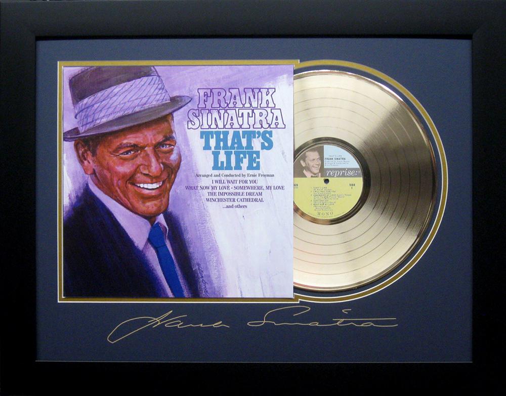 *Rare Frank Sinatra That's Life Album Cover and Gold: Gov. File: M-23212 *Rare Frank Sinatra That's Life Album Cover and Gold Record Museum Framed Collage - Plate Signed Asset Type: CollectableShipping: $39.95. Item may be pick up only, or require additi