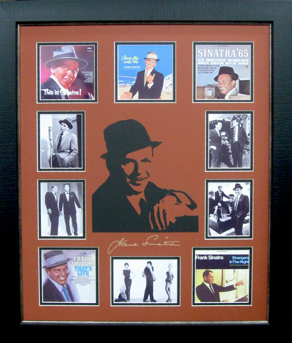 *Rare Frank Sinatra Album Covers and Laser Cut Mat: Gov. File: M-22018 *Rare Frank Sinatra Album Covers and Laser Cut Mat Museum Framed Collage - Plate Signed Asset Type: CollectableShipping: $39.95. Item may be pick up only, or require additional ship