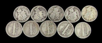 10 Misc. U.S. Mercury Type Dime Coin - Investment