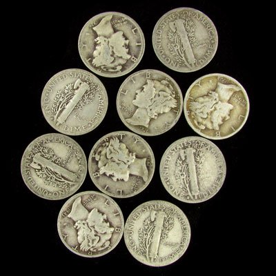 10 Misc. U.S. Mercury Type Dime Coin - Investment