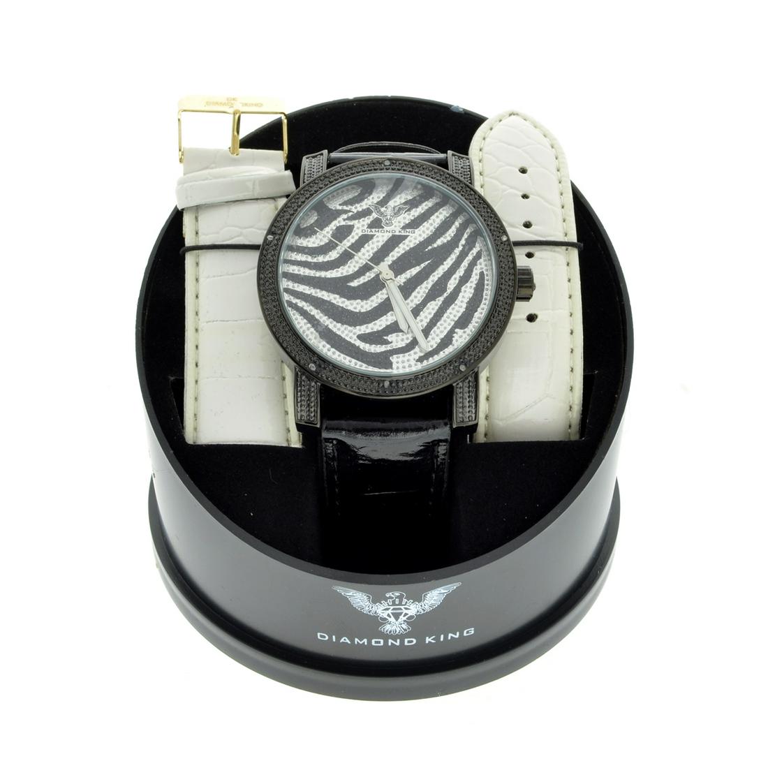 Diamond King Men's Round Stainless Steel Watch On Case: Gov. File: 50122 Diamond King Men's Round Stainless Steel Watch On Case and Interchangeable Black & White Band Asset Type: Diamond Watch Shipping: $19.95
