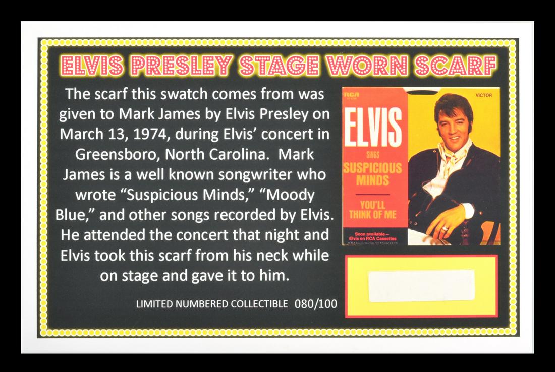 Extremely Rare Elvis Presley Swatch of Stage Worn Scarf: Gov. File: T-16128 Extremely Rare Elvis Presley Piece of Stage Worn Scarf With Certification Asset Type: Elvis Shipping: $29.95