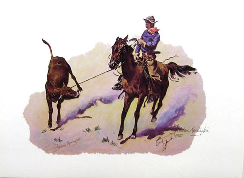 FREDERIC REMINGTON (After) Cowboy Leading Calf Print,: Gov. File: P-07394 Frederic Remington FREDERIC REMINGTON: (After) Cowboy Leading Calf Print 16 inches x 12 inches (Unframed) Shipping: $24.95