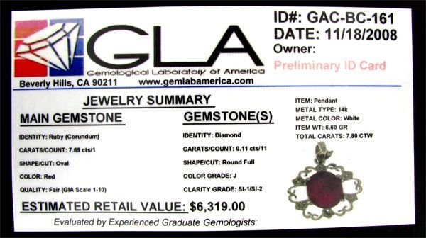 APP:$6.3k 14kt White Gold 7.69CT Ruby & Diamond Pendant - 2