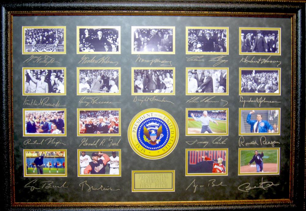 *Rare United States Presidential Ceremonial First Pitch: Gov. File: M-21186 *Rare United States Presidential Ceremonial First Pitch Museum Framed Collage - Plate Signed Asset Type: CollectableShipping: $39.95. Item may be pick up only, or require additional