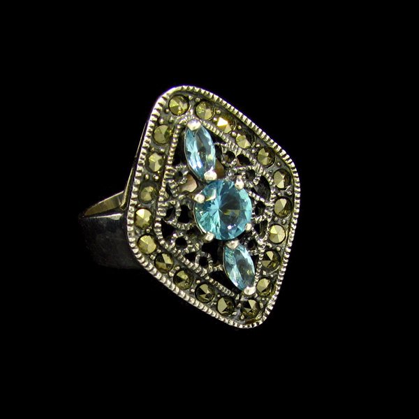 Blue Topaz Marcasite & Sterling Silver Ring: Blue Topaz Marcasite and Sterling Silver Ring - Thank you for viewing this Item. We hope that you are successful in your bidding. For over 30 years we have given the best possible customer service to 