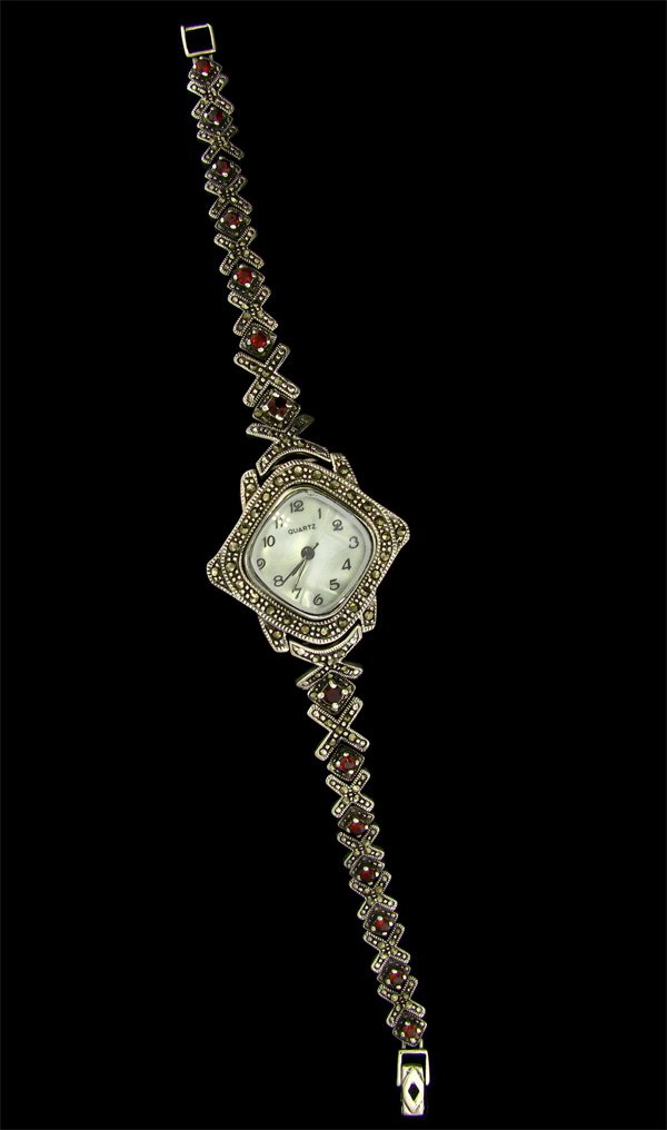 Garnet Marcasite & and Sterling Silver Watch: Garnet Marcasite and and Sterling Silver Watch - Thank you for viewing this Item. We hope that you are successful in your bidding. For over 30 years we have given the best possible customer service to