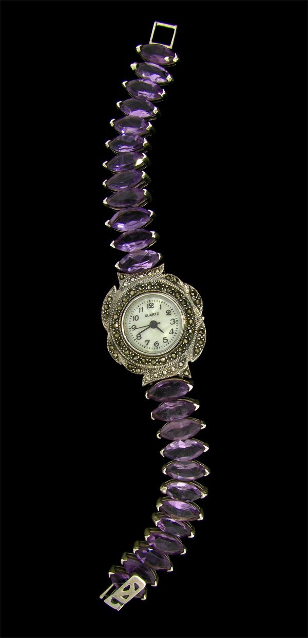 Amethyst Marcasite & Sterling Silver Watch: Amethyst Marcasite and Sterling Silver Watch - Thank you for viewing this Item. We hope that you are successful in your bidding. For over 30 years we have given the best possible customer service to o