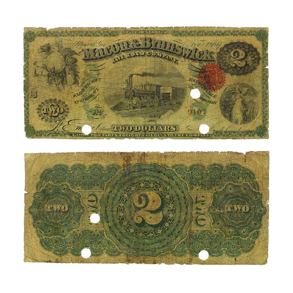 Rare 1867 $2 Macon & Brunswick Railroad Co. Fare Ticket: Gov. File: C-85320 Rare 1867 $2 Macon & Brunswick Railroad Co. Fare Ticket - Great Investment - Asset Type: Paper Money Shipping: $9.95