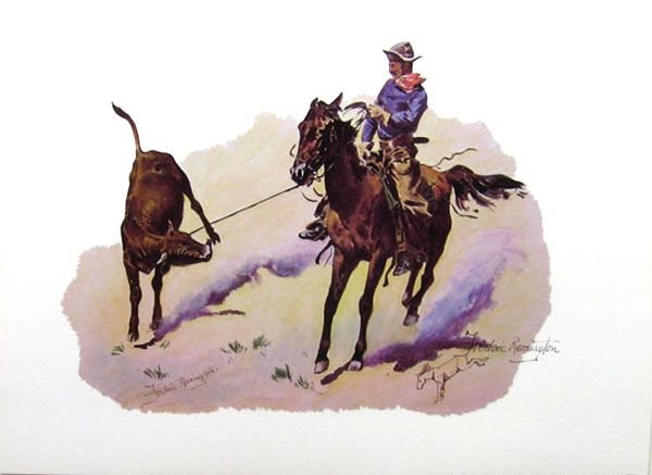 FREDERIC REMINGTON Cowboy Leading Calf Print: Cowboy Leading Calf, 16" x 12" - Bid with utmost confidence from GAA. We have been in business for over 35 years, and pride ourselves on perfect customer service. For more information on this item, pl