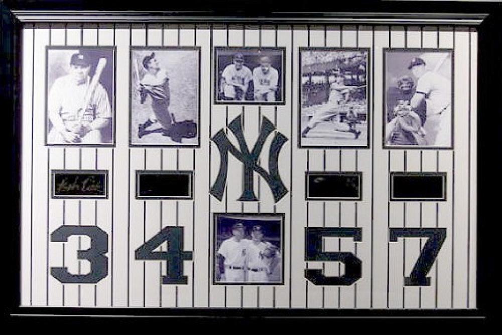 *Rare New York Yankees All-Time Retired Numbers 3, 4,: Gov. File: M-22688 *Rare New York Yankees All-Time Retired Numbers 3, 4, 5, and 7 Museum Framed Collage - Plate Signed Asset Type: CollectableShipping: $39.95. Item may be pick up only, or require add