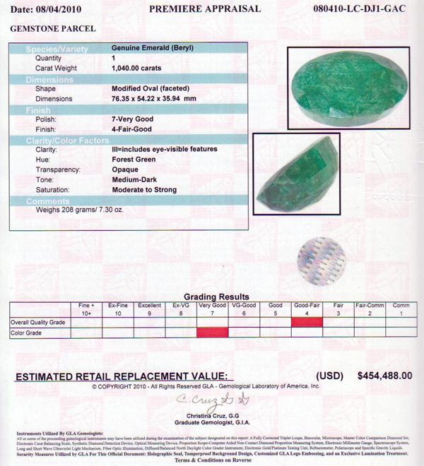 The Famous 1,040CT $454k APP Emerald - No Reserve! - 2