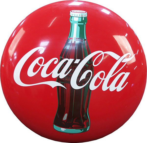 Large Coca Cola Tin "Button" Sign w/ bottle of Coca Col: Large Coca Cola Tin "Button" Sign w/ bottle of Coca Cola, in great condition - 48" diam- Thank you for viewing this Item. We hope that you are succes