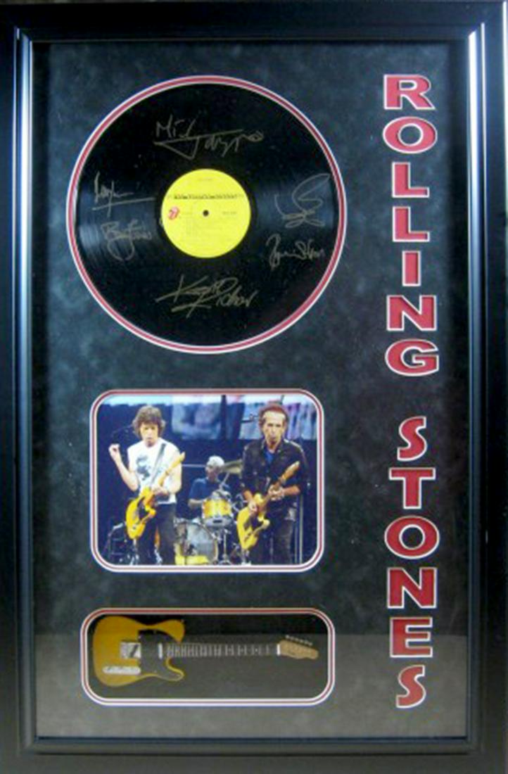 *Rare Rolling Stones Vinyl Record with Mini Guitar Museum Framed Collage Plate Signed Mar 04