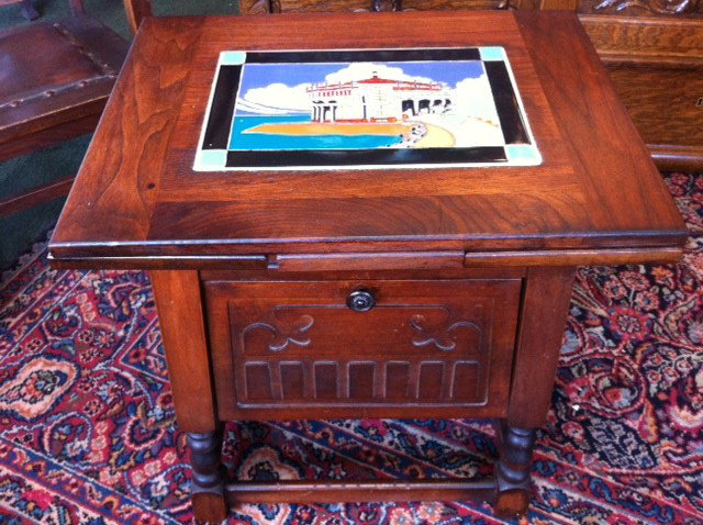 Antique Draw Leaf Table Humidor w/Hand Painted Tile Cat: Antique Draw Leaf Table Humidor w/Hand Painted Tile Catalina- Thank you for viewing this Item. We hope that you are successful in your bidding. For over 30 years we have given the best po