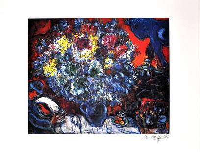 MARC CHAGALL Bouquet de Fleurs et Amants Print, I 210 of 500: Gov. File: P-09740 Marc Chagall MARC CHAGALL: Bouquet de Fleurs et Amants Print 31 inches x 24 inches (Unframed) Asset Type: Marc Chagall Print Shipping: $24.95