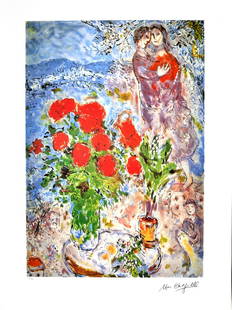 MARC CHAGALL (After) Red Bouquet with Lovers Print, 368 of 500: Gov. File: P-04493 Marc Chagall MARC CHAGALL: (After) Red Bouquet with Lovers Print 24.5 inches x 33 inches (Unframed) Asset Type: Marc Chagall Print Shipping: $24.95