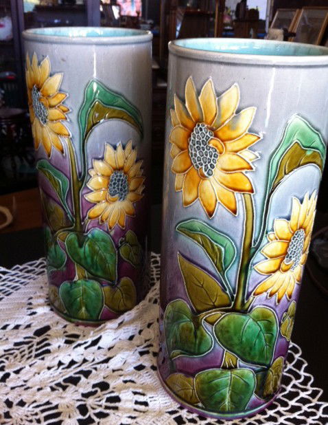 Antique Pair of Amphora Vases Sunflower Theme-Height: Antique Pair of Amphora Vases Sunflower Theme-Height 12.5 Tall x 5 Dia.- Thank you for viewing this Item. We hope that you are successful in your bidding. For over 30 years we have given