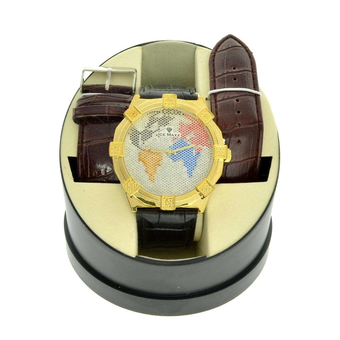 Men's Ice Maxx Designer Round Watch On Case and Interchangeable Black & Brown Band: Gov. File: 68933 Men's Ice Maxx Designer Round Watch On Case and Interchangeable Black & Brown Band Asset Type: Ice Watch Shipping: $19.95