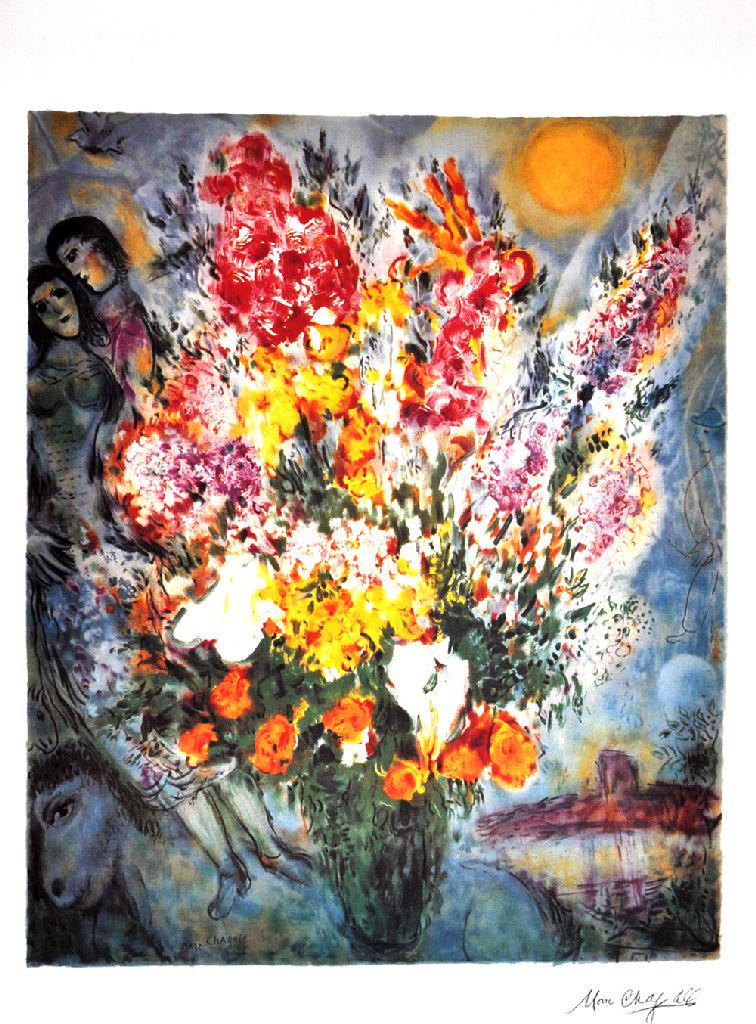 MARC CHAGALL Floral Bouquet Lithograph, 448 of 500: Gov. File: P-08245 Marc Chagall MARC CHAGALL: Floral Bouquet Lithograph 36X26 (Unframed)Asset Type: Marc Chagall PrintShipping: $24.95