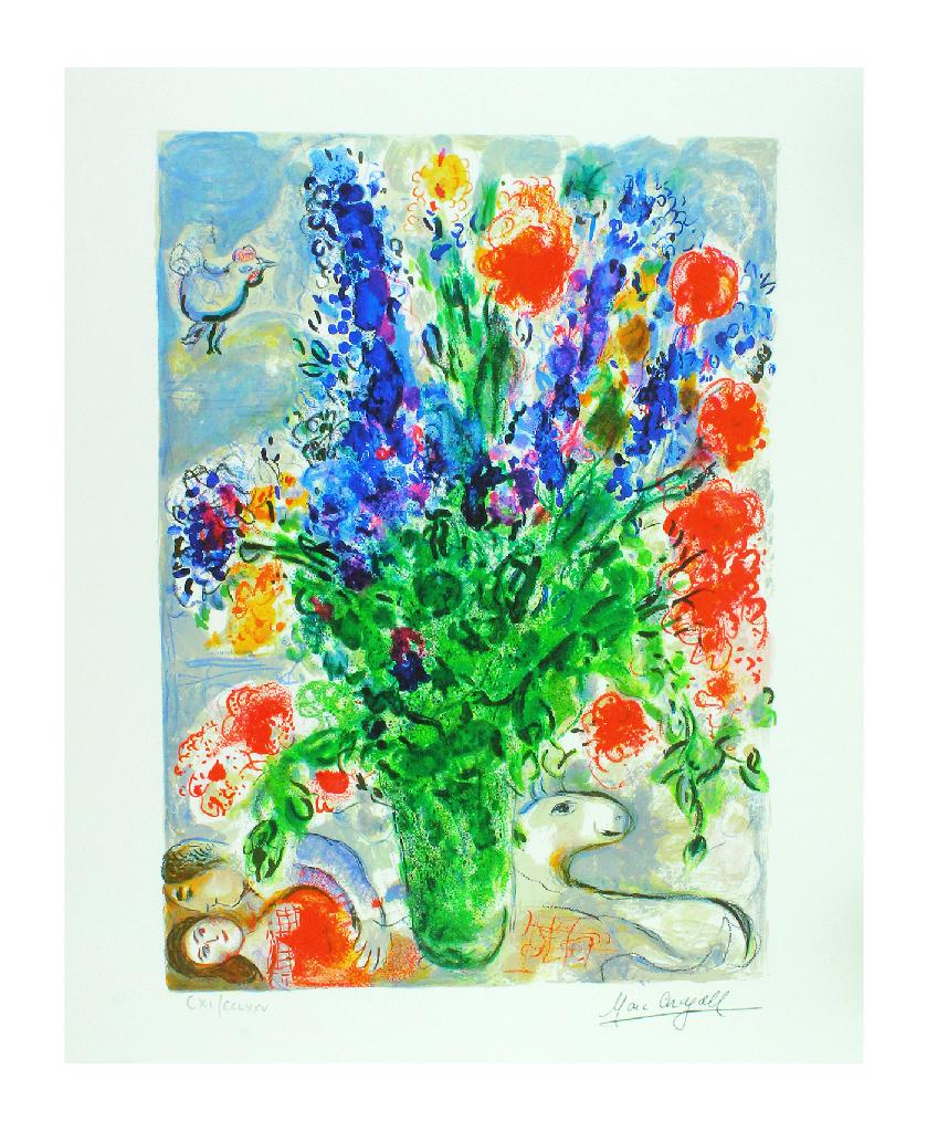 MARC CHAGALL Les Lupins Bleu Mini Print, CIII of CCLXXV: Gov. File: P-10091 Marc Chagall MARC CHAGALL: Les Lupins Bleu Mini Print 10 inches x 12 inches (Unframed)Asset Type: Marc Chagall PrintShipping: $24.95