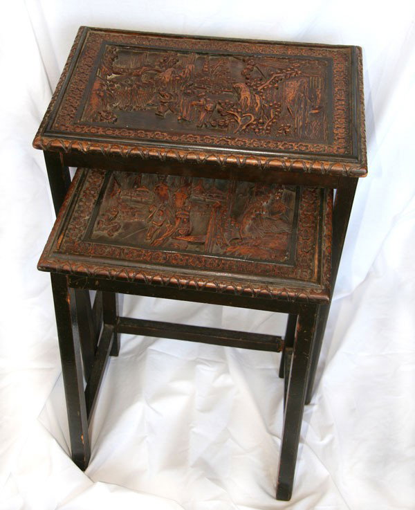 Asian pair nesting tables wood carved: Asian-pair nesting tables wood carved- Thank you for viewing this Item. We hope that you are successful in your bidding. For over 30 years we have given the best possible customer service to our 1000'