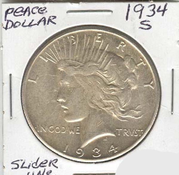 1934-S Peace Dollar AU-UNC Slider: 1934-S Peace Dollar AU-UNC Slider - Bid with utmost confidence from GovernmentAuction.com. We have been in business for over 35 years, and pride ourselves on perfect customer service.