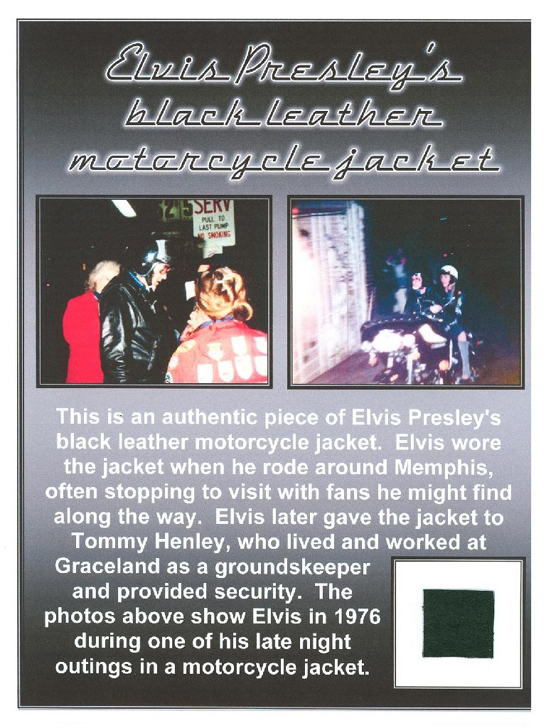 Elvis Presley Black Biker Jacket Swatch with Certificate: Gov. File: T-16156 Elvis Presley Black Biker Jacket Piece with Certificate Asset Type: ElvisShipping: $29.95
