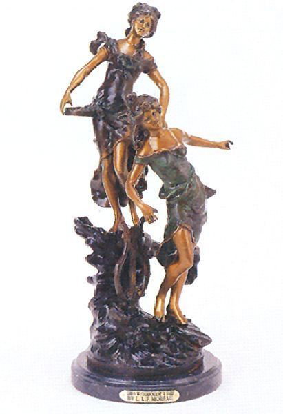 Reissue "Girls w Tambourine & Harp" Bronze by A. Moreau: Reissue Girls with Tambourine and Harp Bronze by A. Moreau - 23 inches High x 9 inches Long - Thank you for viewing this Item. We hope that you are successful in your bidding. For over 30 years we hav