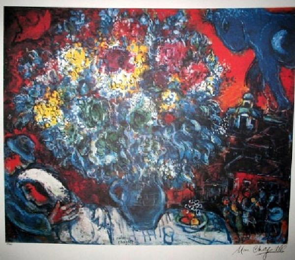 MARC CHAGALL Bouquet de Fleurs et Amants Print, Ltd Edn: MARC CHAGALL: Bouquet de Fleurs et Amants Print.