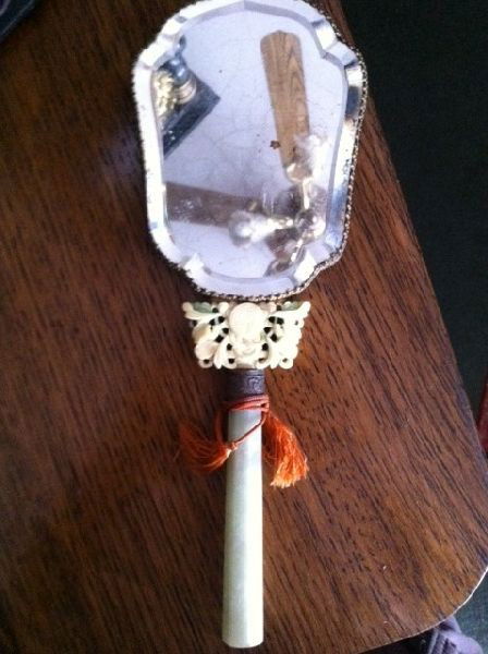 Asian Hand Mirror - Jade Handle w/Ivory & Jade Carving: Asian Hand Mirror - Jade Handle w/Ivory & Jade Carving
