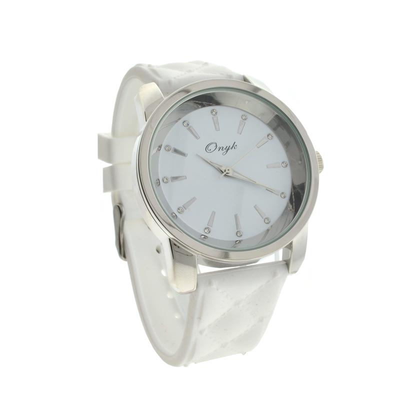 New Onyk, Stainless Steel Back, Water Resistant, White Rubber Strap, Ladies Watch: Gov. File: H-03594 New Onyk, Stainless Steel Back, Water Resistant, White Rubber Strap, Ladies Watch Asset Type: Onyk WatchShipping: $19.95