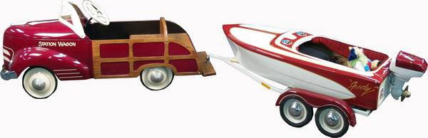 Pedal Car w/Boat on Trailer - PICK UP ONLY: Pedal Car Station Wagon, restored w/ Mini Speed Boat on Trailer - PICK UP ONLY