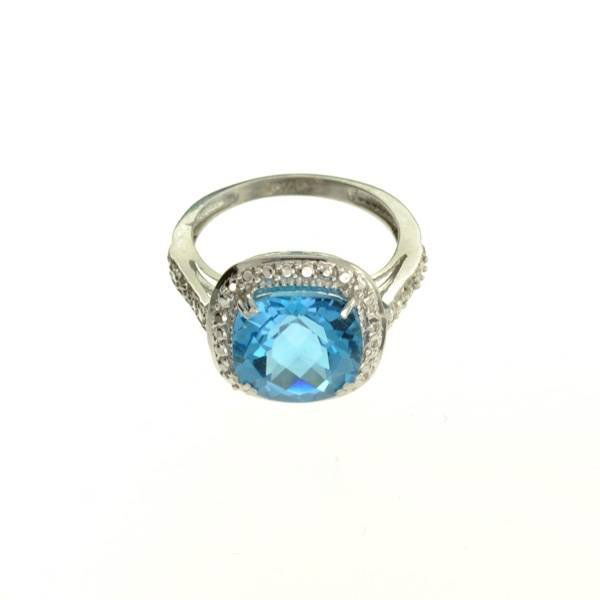 5CT Square Cushion Cut Topaz & Diamond Silver Ring: 5.99CT Square Cushion Cut Blue Topaz and Diamond Sterling Silver Ring - Appraisal Value: $0.6K