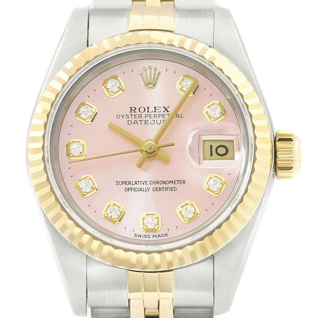 Rolex Ladies Datejust 69173 18K Gold & Steel Pink Diamond Dial Two Tone Watch (Vault_CC): Gov. FIle: K-34658 Rolex Ladies Datejust 69173 18K Gold & Steel Pink Diamond Dial Two Tone Watch Asset Type: Watch-Rolex Shipping: $19.95 Movement:Mechanical (Automatic) Gender:Ladies Bezel:Role