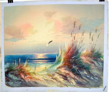 Oil Painting Sunset Beach Flying Birds Over Ocean May 27