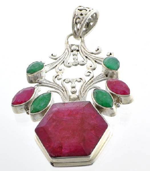 APP: 16k 34CT Hexagon Emerald Ruby & Silver Pendant: 34.25CT Hexigon Emerald Ruby and Sterling Silver Pendant - Appraisal Value: $16.3K