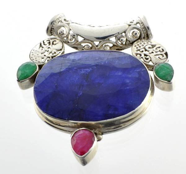 APP: 23k 49CT Pear Sapphire Emerald Ruby Silver Pendant: 49.54CT Oval Pear Cut Sapphire Emerald Ruby Sterling Silver Pendant - Appraisal Value: $23.3K</