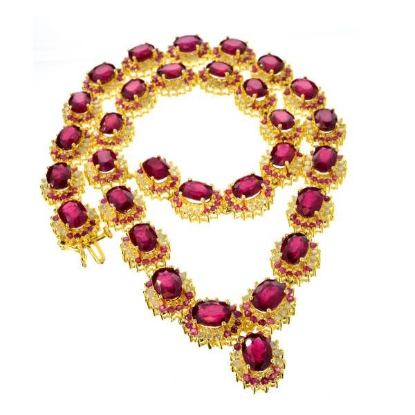 APP: 26k 74CT Ruby Diamond & 18kt Gold Overlay Necklace: 74.77CT Ruby, Diamond and 18 kt. Gold Over Sterling Silver Necklace - Appraisal Value: $26.5K </