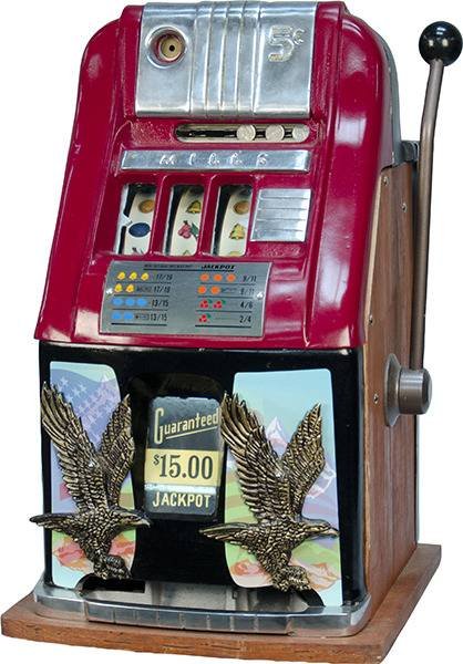 5 Cent Mills High-Top Slot Machine c1952, Restored: 5 Cent Mills High-Top Jackpot Slot Machine c1952, Restored - Bald Eagle Design, w/key ==