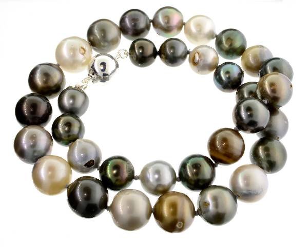 APP: 23k Pearl Necklace w/Solid Silver Ball Clasp: 14.13-11.15mm Multi-Colored Tahitian South Sea Cultered Pearl Necklace With Soild Silver Ball Clasp - Appraisal Value: $23.5K