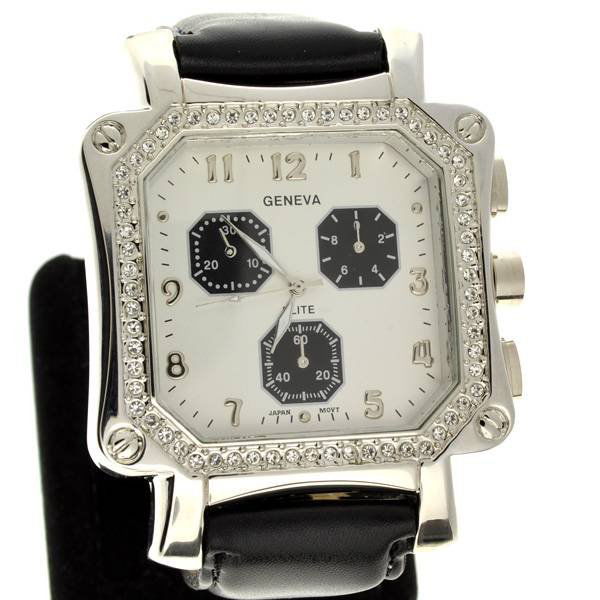 Geneva Men's Square Silver & Black Diamond Watch: Geneva Men's Square Silver & Black Diamond Watch