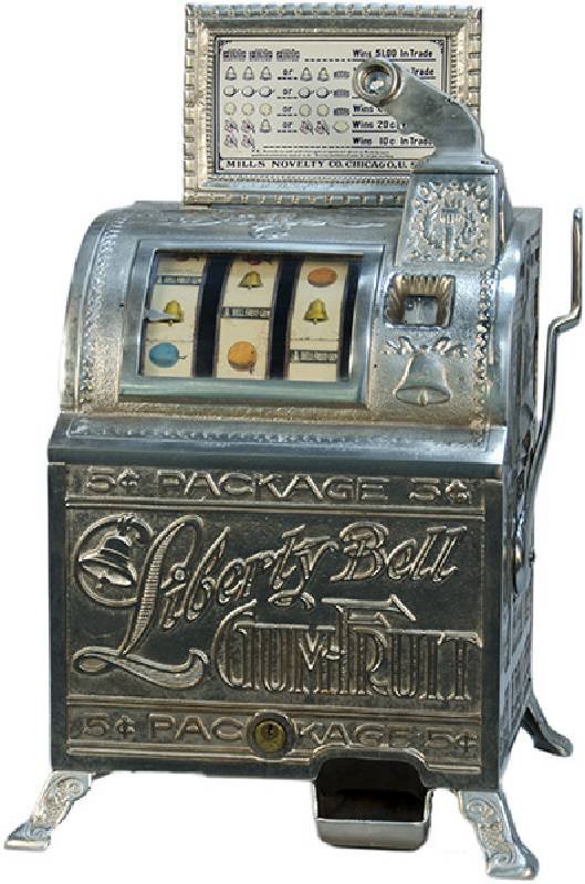 5 Cent Mills Novelty Slot Machine c1910: 5 Cent Mills Novelty "Liberty Bell Gum Fruit" Slot Machine w/Key c1910 ==