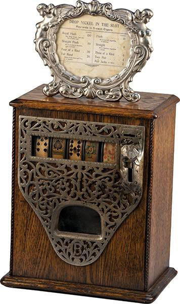 5 Cent Caille Bros. Poker Hand Cigar Stimulator c1906: 5 Cent Caille Bros. "Banker" Poker Hand 5-Reel Cigar Trade Stimulator c1906 w/keys ==