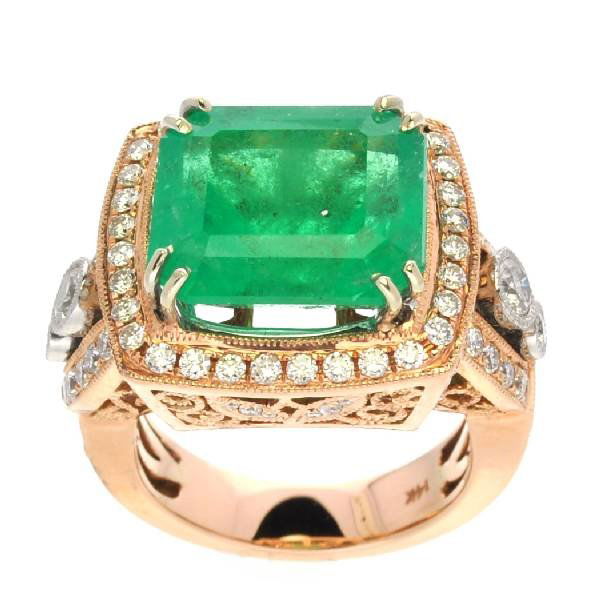APP: 33k *Rose Gold Rectangular Emerald & Diamond Ring: *14 kt. Rose Gold, 9.20CT Rectangular Cut Emerald and 1.90CT Diamond Ring - Appraisal Value: $33.6K