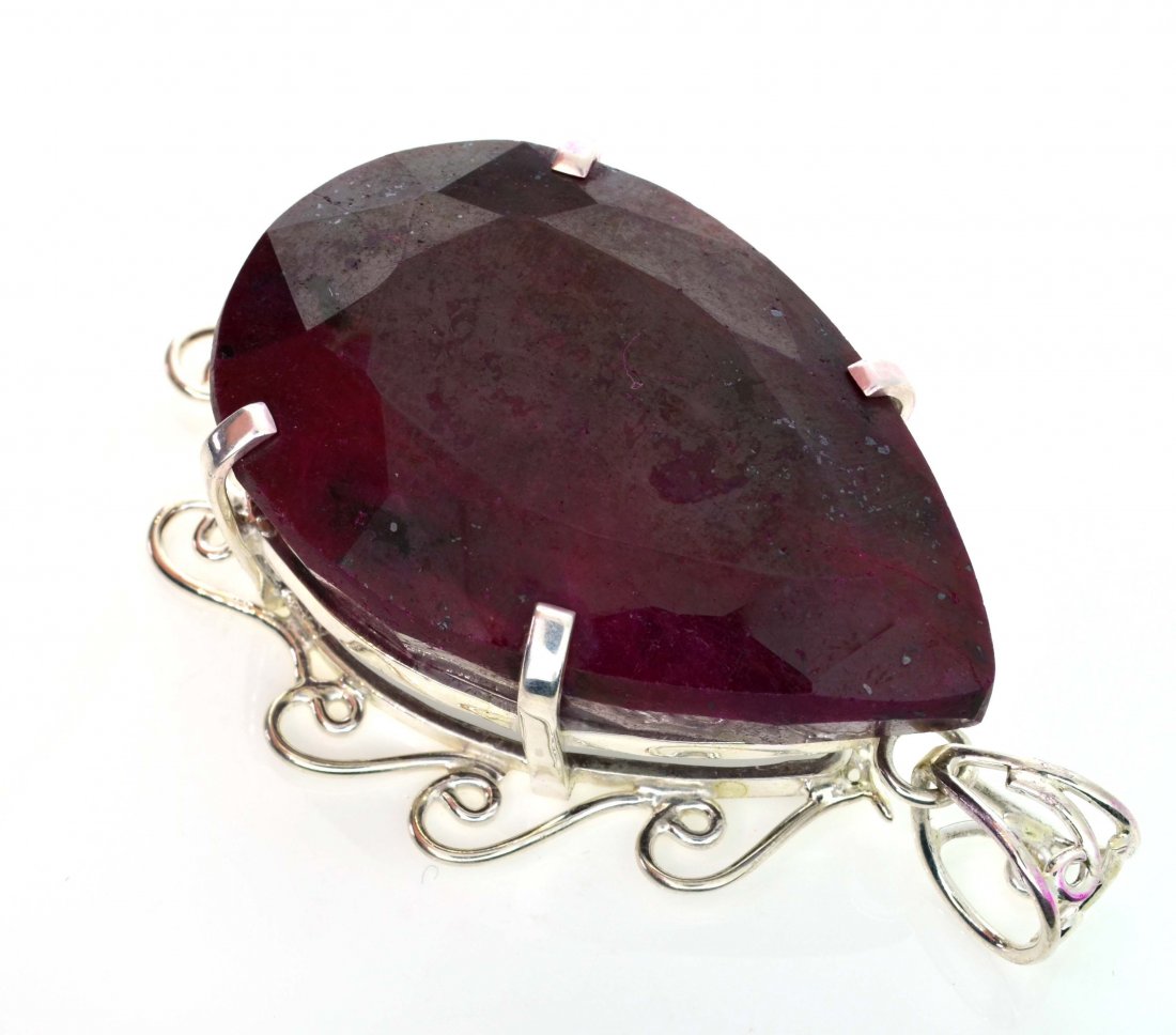 APP: 16k Sebastian 397CT Pear Cut Ruby & Silver Pendant: Designer Sebastian 397.61CT Pear Cut Ruby and Sterling Silver Pendant - Appraisal Value: $16.1K