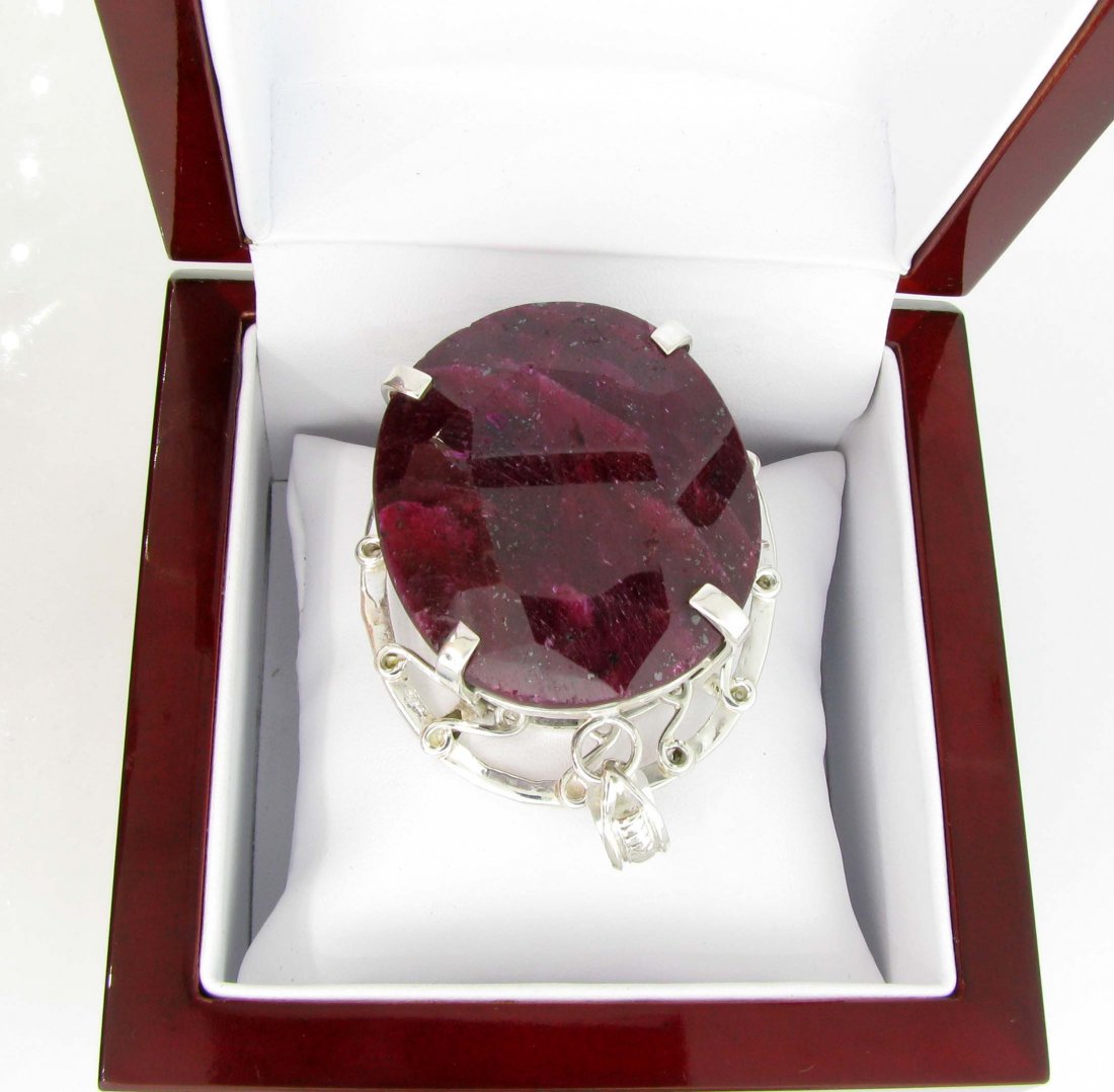 APP: 16k Sebastian 403CT Oval Cut Ruby & Silver Pendant: Designer Sebastian 403.20CT Oval Cut Ruby and Sterling Silver Pendant - Appraisal Value: $16.9K
