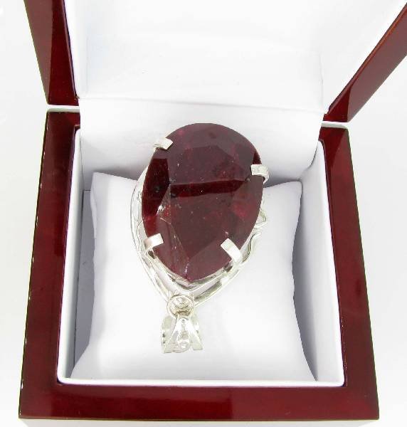 APP: 12k Sebastian 287CT Pear Cut Ruby & Silver Pendant: Designer Sebastian 287.20CT Pear Cut Ruby and Sterling Silver Pendant - Appraisal Value: $12.5K
